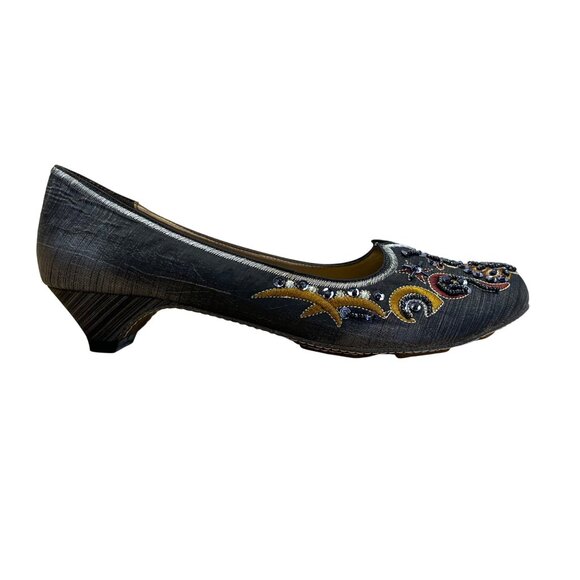 Rebels Women’s Grey Beaded Embroidered Katmandu Kitten Heel Shoes Size 7.5 - Picture 1 of 8